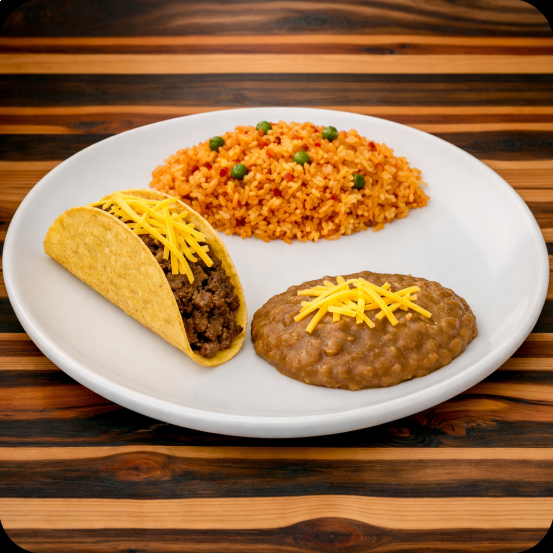 ONE TACO, RICE AND BEANS